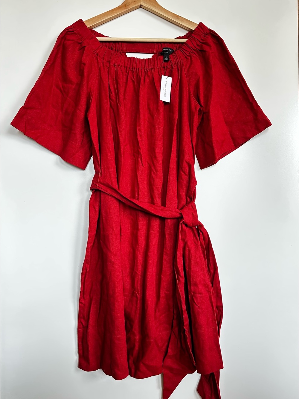 Banana Republic Factory Red Linen Blend Belted Flutter Sleeve Dress NWT S